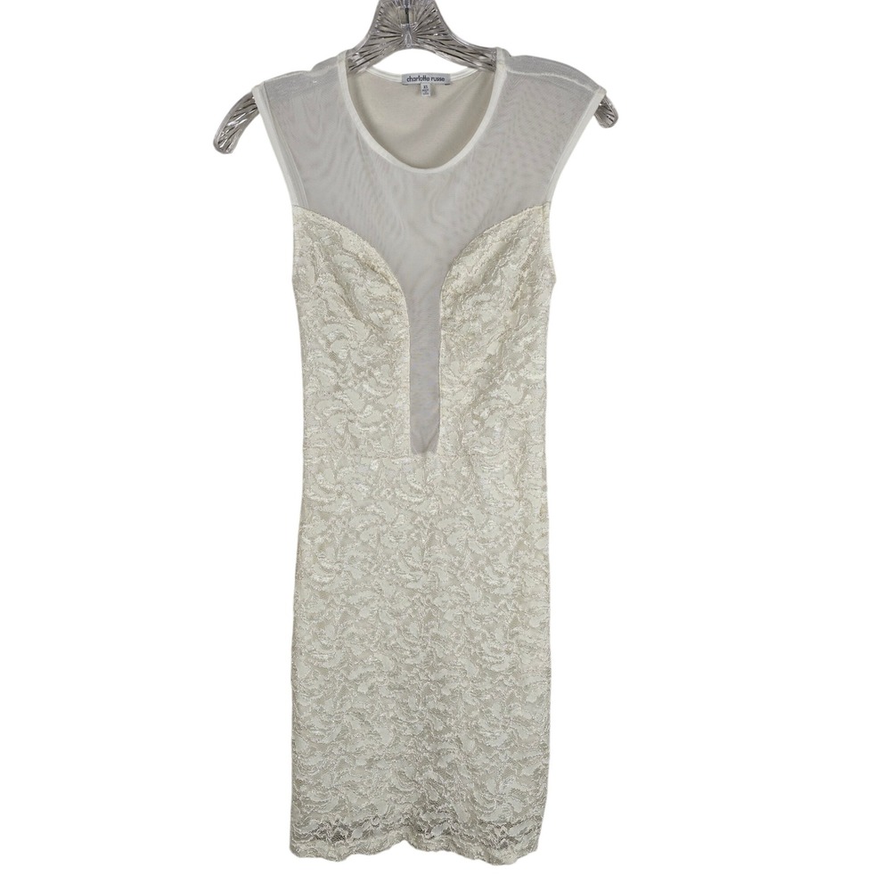 Vintage Charlotte Russe Cream Lace Bodycon Dress XS Sheer Mesh Coquette Y2K Mini